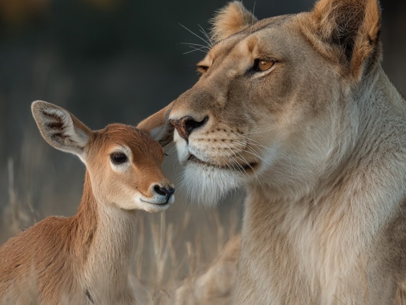 Löwin adoptiert Antilopenkälbchen. (KI-generiert)