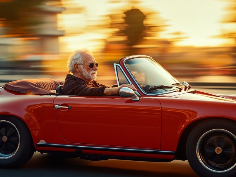 Ein alter Mann fährt einen nagelneuen Porschecabrio. (KI-generiert)