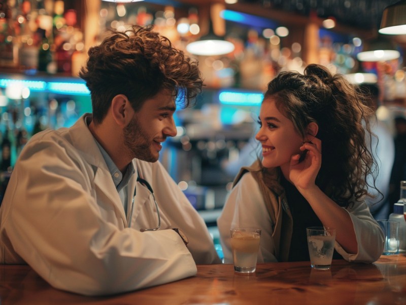 Ein junger Arzt mit Kittel und Stethoskop flirtet mit einer jungen Frau in einer Bar.