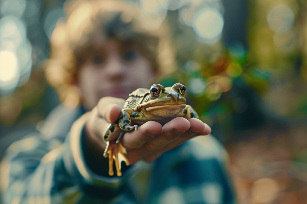 Ein junger Mann hält einen Frosch auf der Hand.