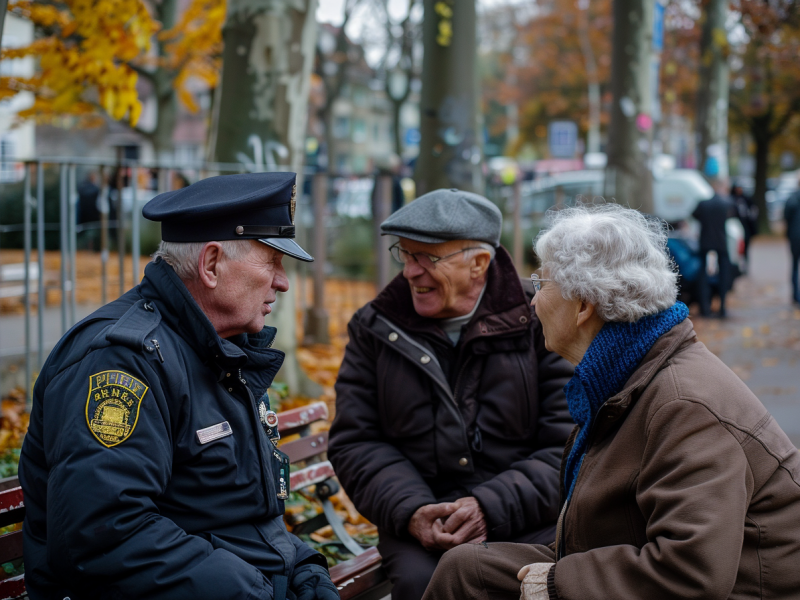 Ein Polizist unterhält sich mit einem Rentner-Ehepaar auf einer Parkbank im Herbst.