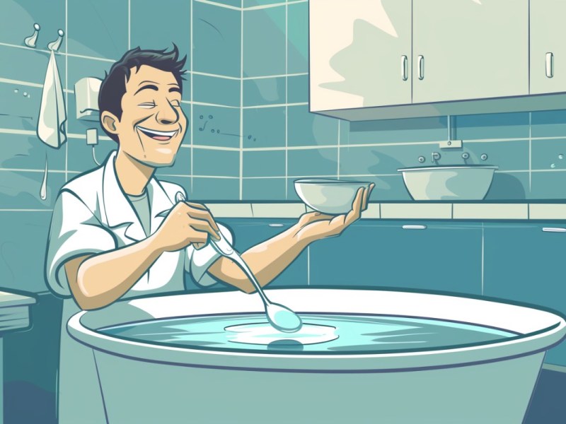 Eine Illustration von einem Patienten in einer Klinik, der mit einem Löffel das Wasser einer Badewanne ausschöpft.