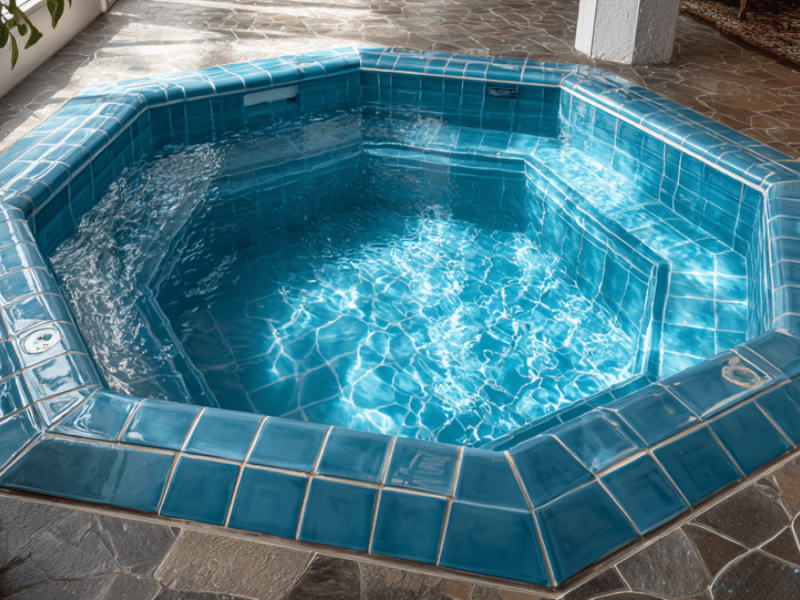 Draufsicht auf einen achteckigen Pool mit blauen Fliesen. (KI-generiert)