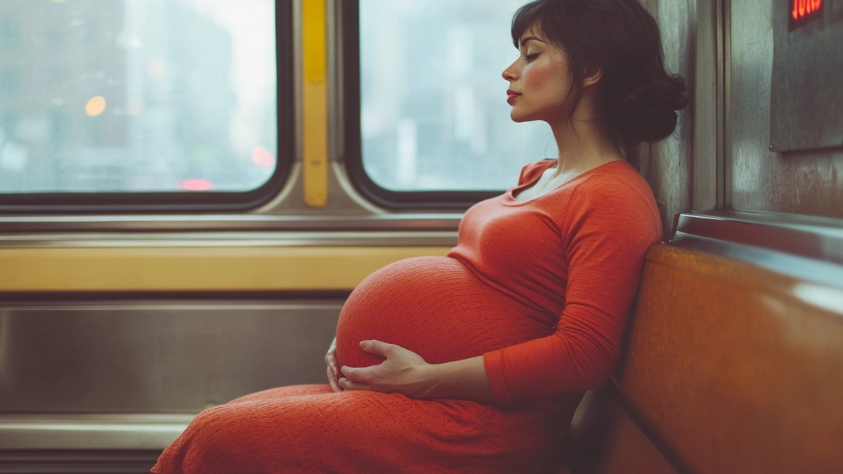 Eine schwangere Frau in der U-Bahn. (KI-generiert)
