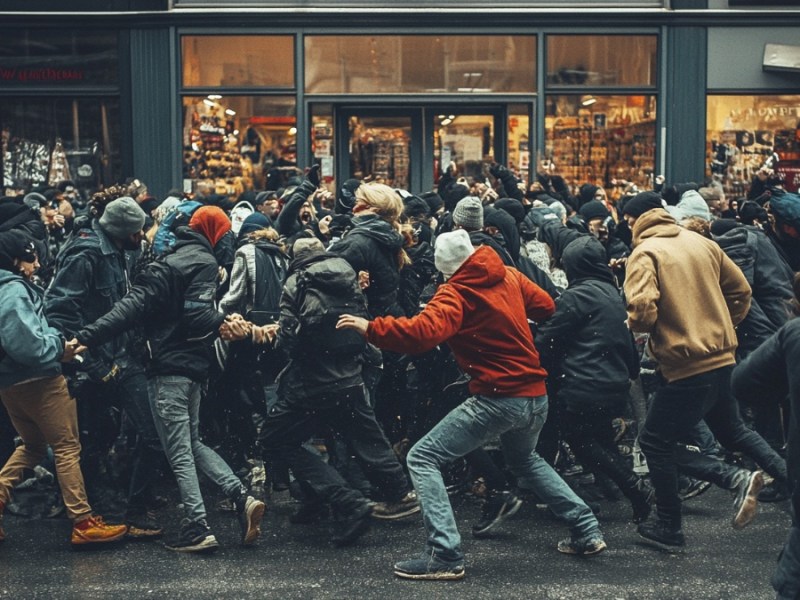 Menschen vor einem Supermarkt. (KI-generiert)