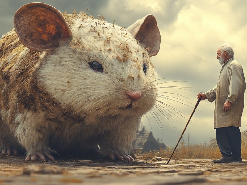 Eine riesige Maus und ein alter Mann und ein Kind. (KI-generiert)
