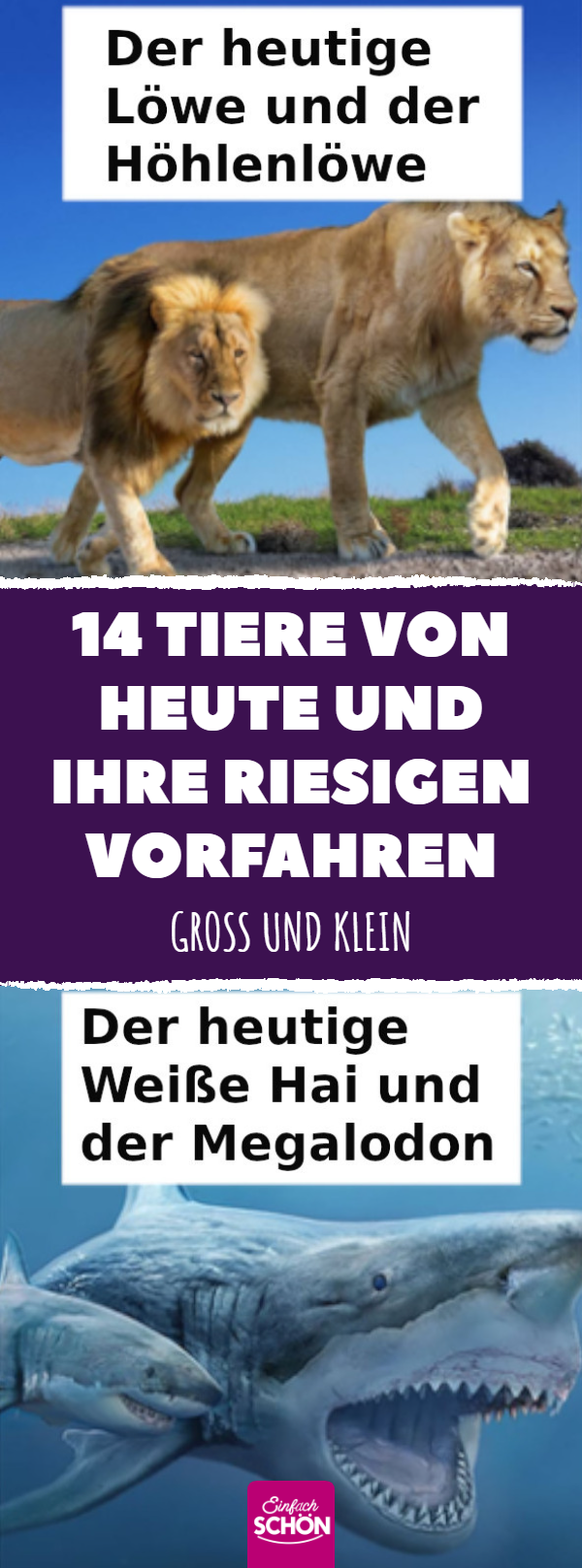 Prähistorische Tiere neben ihren kleinen, modernen Nachfahren