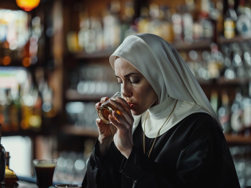 Eine Nonne trinkt ein Glas Whiskey in einer Bar.