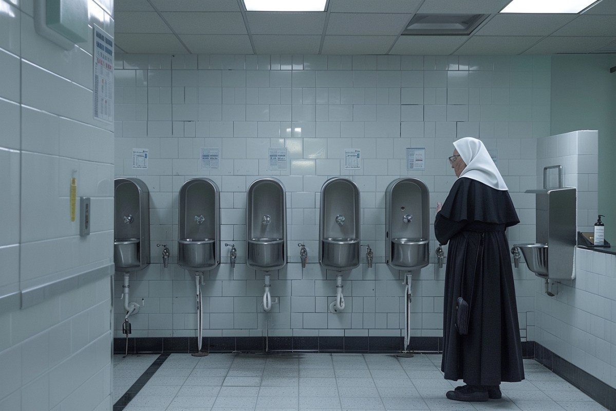 Eine Nonne steht in einer Herrentoilette.