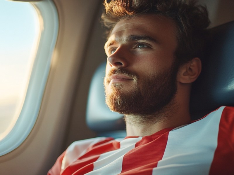 Ein Fußballer im Flugzeug. (KI-generiert)