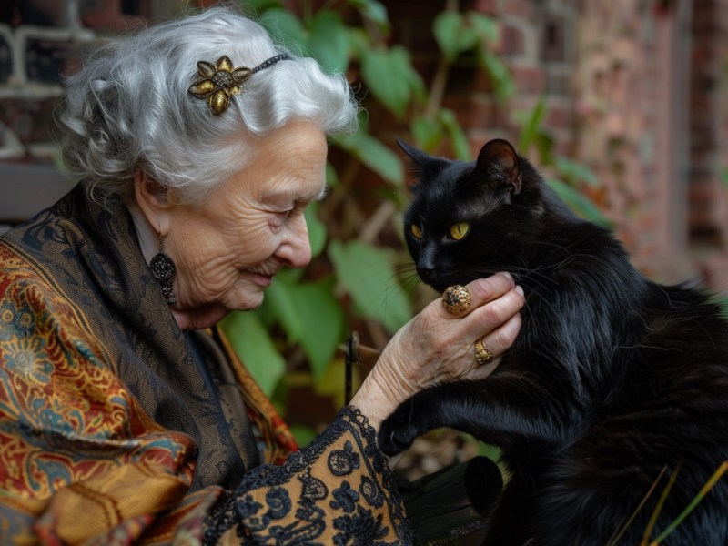 Eine alte Frau in märchenhafter Kleidung streichelt einen schwarzen Kater.