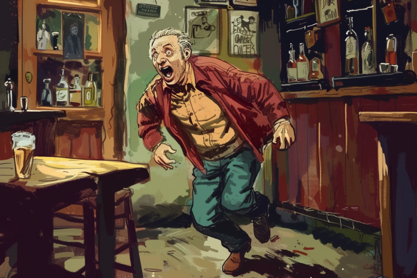 Illustration eines Mannes, der aus der Kneipe rennt.