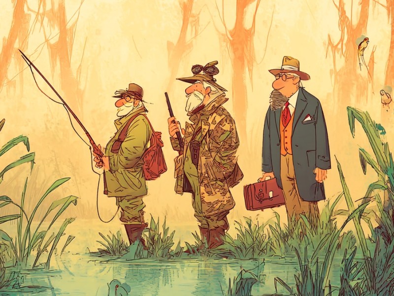 Ein Angler, ein Jäger und ein Anwalt stehen im Sumpf. (KI-generiert)