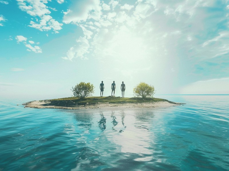 Drei Männer stehen auf einer einsamen Karibikinsel mitten im Meer.