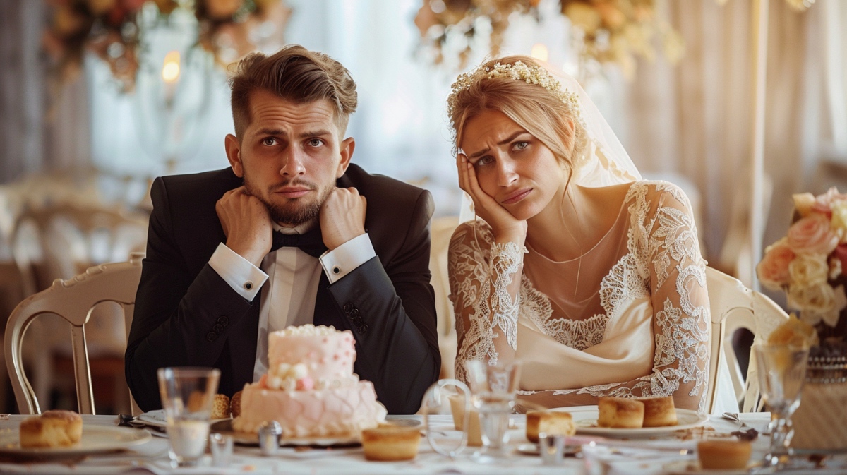 Eine Braut und ein Bräutigam sitzen schlecht gelaunt vor einer Hochzeitstorte am Tisch.