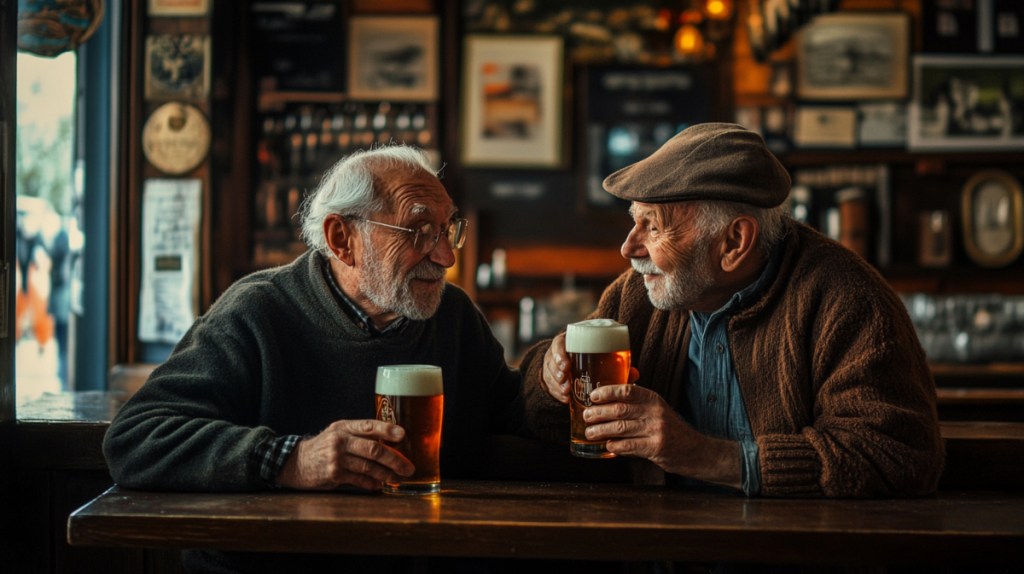 Zwei alte Männer trinken Bier in einer Kneipe.